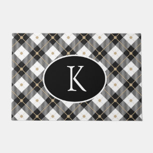 Personalised Monogrammed Black White Gold Plaid Doormat