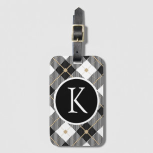 Personalised Monogrammed Black White Gold Plaid Luggage Tag