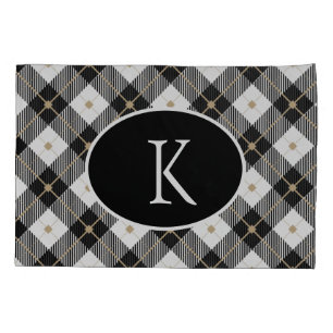 Personalised Monogrammed Black White Gold Plaid Pillowcase