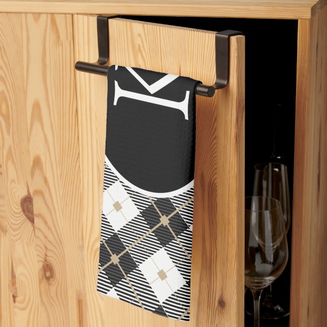 Personalised Monogrammed Black White Gold Plaid Tea Towel (Thirds Fold)
