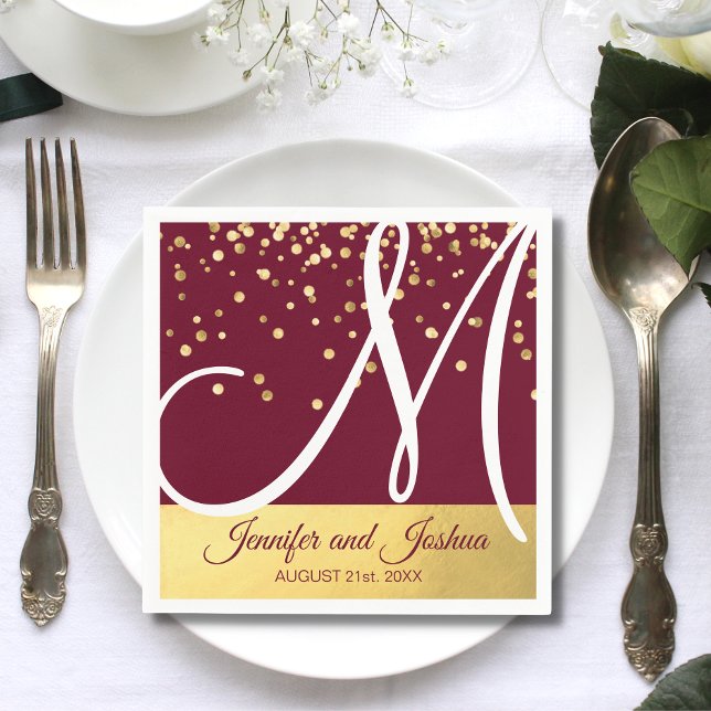 Personalised Monogrammed BURGUNDY Gold Wedding Napkin (Personalized Monogrammed BURGUNDY Gold Wedding Napkin)