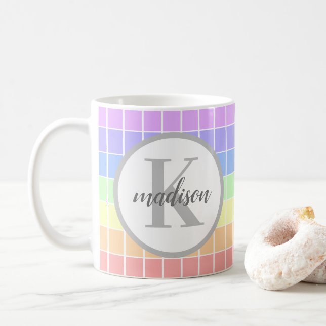 Personalised Monogrammed Cute rainbow stripes Coffee Mug (With Donut)