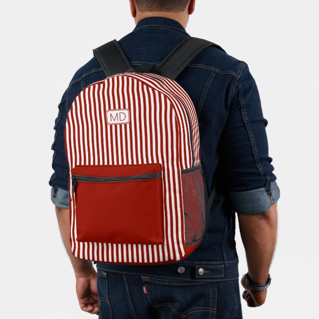 Personalised Monogrammed Modern Dark Red Stripes Printed Backpack (Insitu (Model))