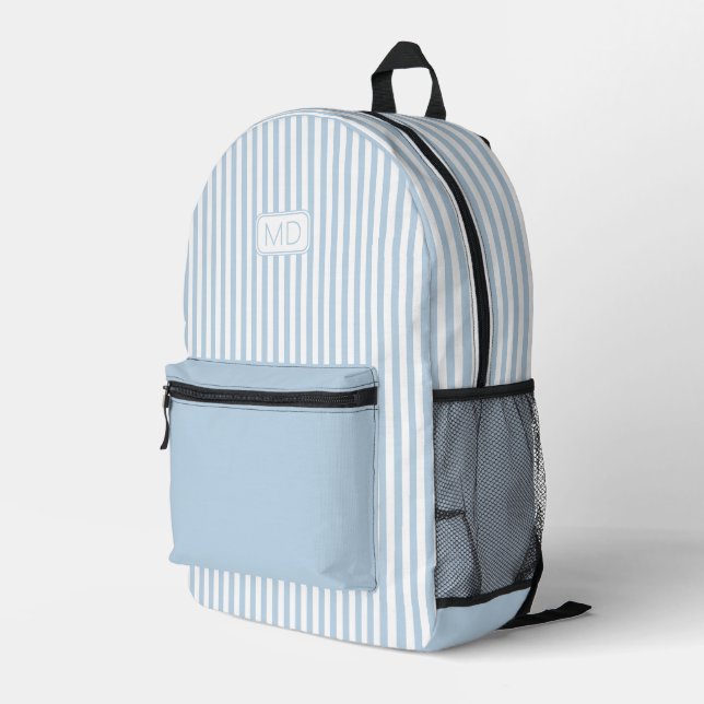 Personalised Monogrammed Modern Light Blue Stripes Printed Backpack (Back Corner Right)