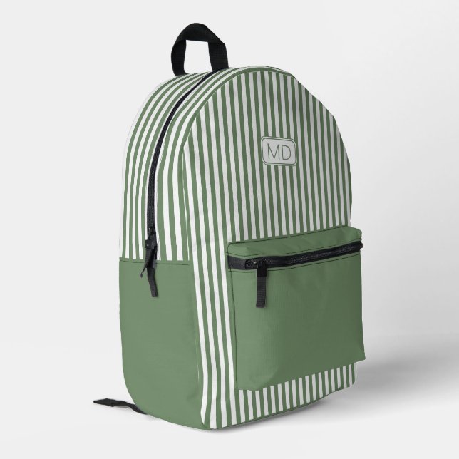 Personalised Monogrammed Modern Sage Green Stripes Printed Backpack (Back Corner Left)