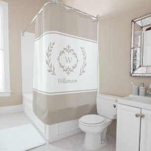 Personalised Monogrammed Name Initial Beige White  Shower Curtain