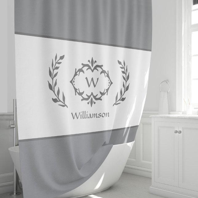 Personalised Monogrammed Name Initial Grey & White Shower Curtain (Personalized Monogrammed Name Initial Gray & White Shower Curtain)