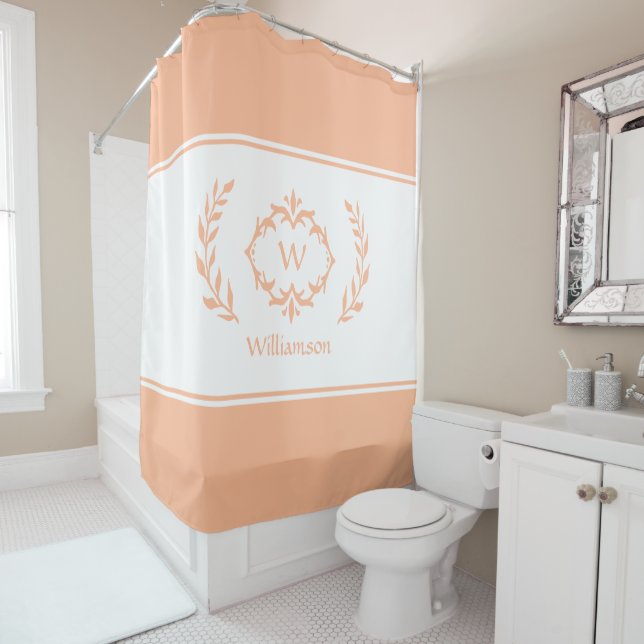 Personalised Monogrammed Name Initial Peach White  Shower Curtain (In Situ)