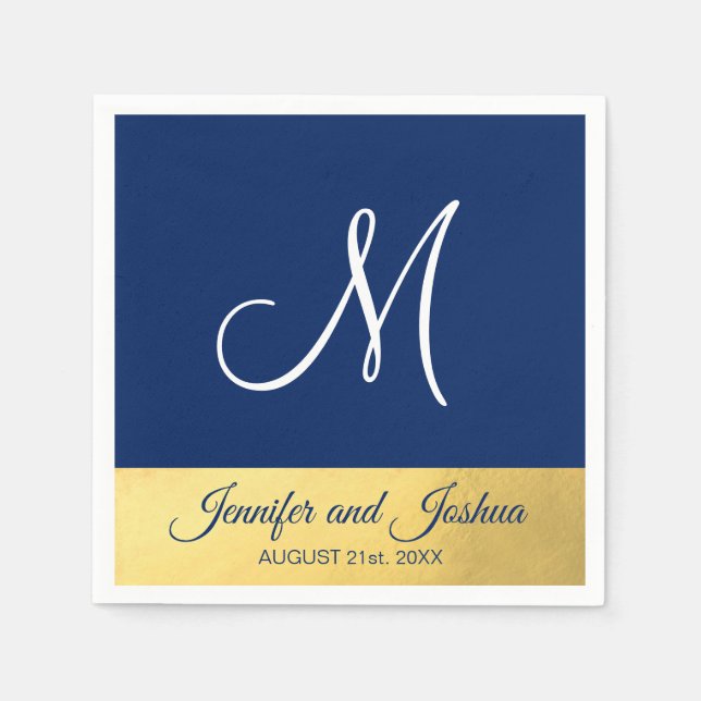 Personalised Monogrammed Navy Blue Gold Wedding Napkin (Front)