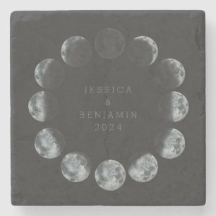 Personalised Moon Phase Black Cosmic Wedding Date Stone Coaster