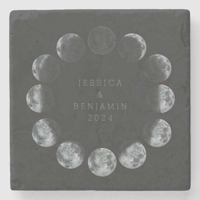 Personalised Moon Phase Black Cosmic Wedding Date Stone Coaster (Front)