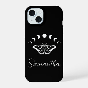 Personalised Moon Phase Moth Black and White iPhone 15 Case