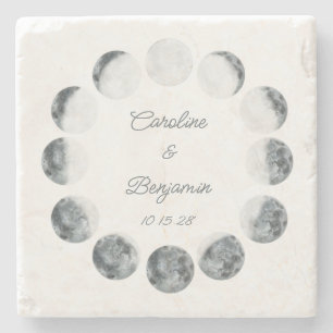 Personalised Moon Phase White Cosmic Wedding Date Stone Coaster