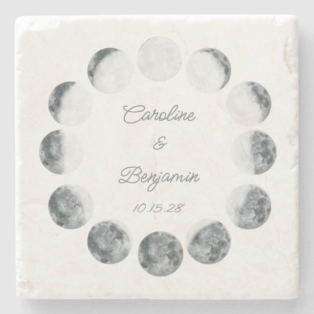 Personalised Moon Phase White Cosmic Wedding Date Stone Coaster (Front)