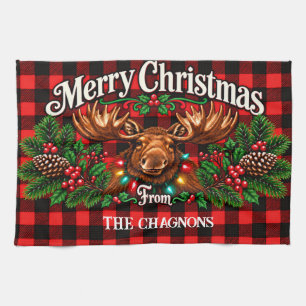 Personalised Moose Christmas Dish Towel, Red Buffa Tea Towel