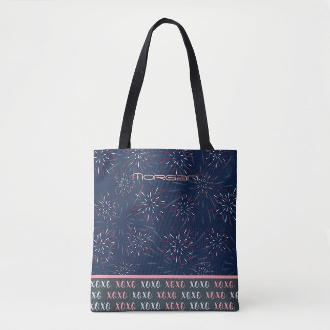 Personalised "Morgan" Fireworks & XOXO Pattern Tot Tote Bag (Front)
