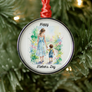 Personalised Mother and Son Watercolor Metal Tree Decoration