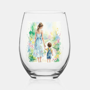 Personalised Mother and Son Watercolor Stemless Wine Glass