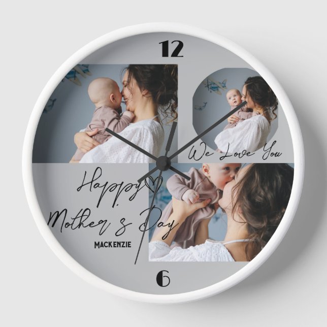 Personalised mothers Day, three photo collage gift Clock (Front)