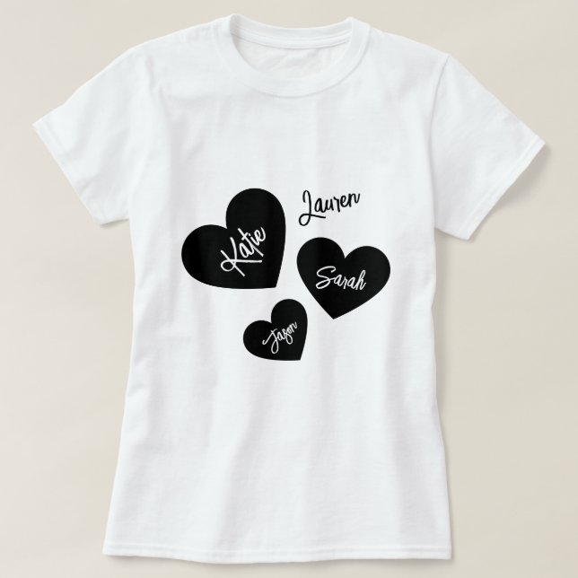 Personalised Mother's Hearts Black & White T-Shirt (Design Front)