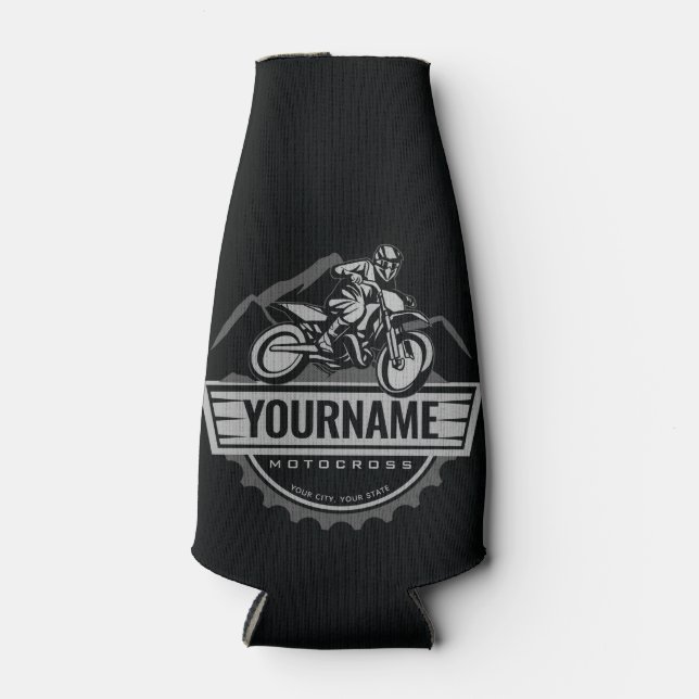Personalised Motocross Rider Dirt Bike Hill Racing Bottle Cooler (Front)