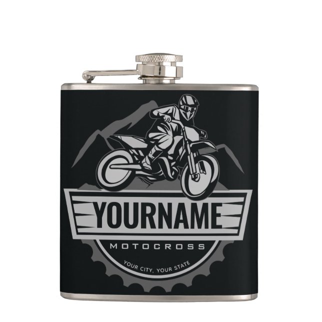 Personalised Motocross Rider Dirt Bike Hill Racing Hip Flask (Front)