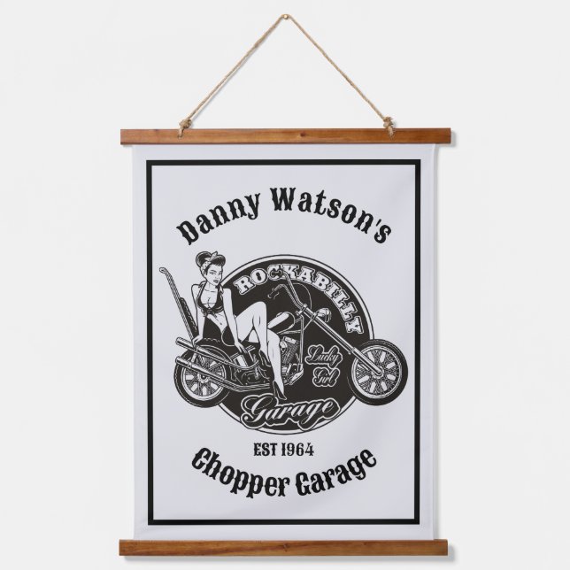 Personalised Motorcycle Babe Chopper Garage Hanging Tapestry (Front)