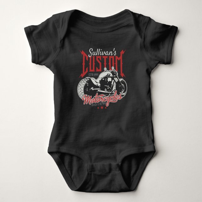 Personalised Motorcycle Big Bad Bike Biker Garage Baby Bodysuit (Front)