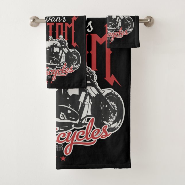 Personalised Motorcycle Big Bad Bike Biker Garage  Bath Towel Set (Insitu)