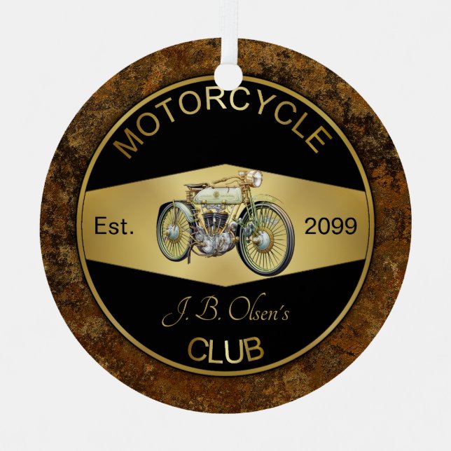 Personalised Motorcycle Club Black & Gold Metal Tree Decoration (Front)