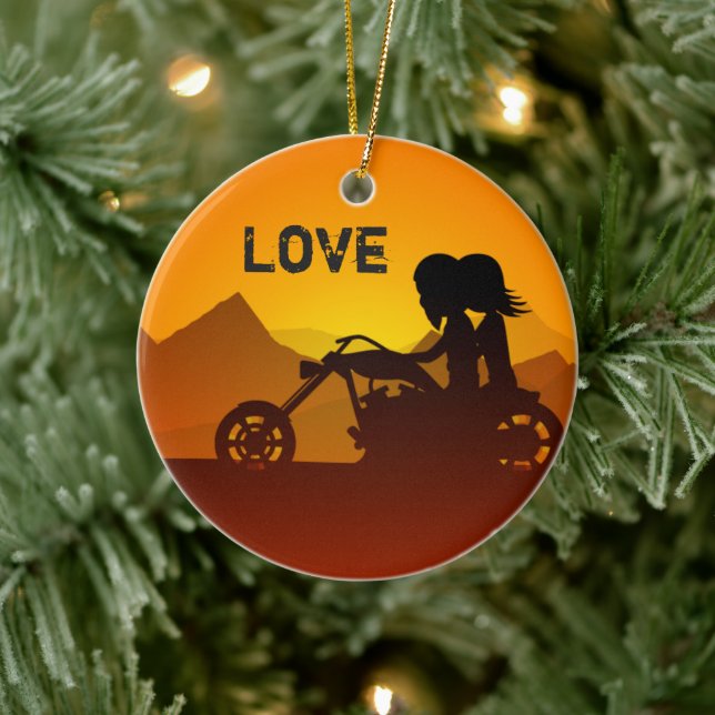 Personalised Motorcycle Couple at Sunset LOVE Ceramic Tree Decoration (Tree)