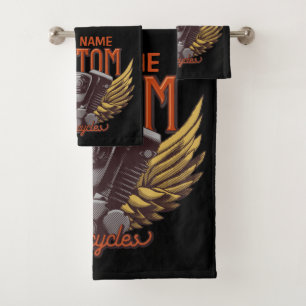 Personalised Motorcycle Eagle Wings Biker Garage Bath Towel Set