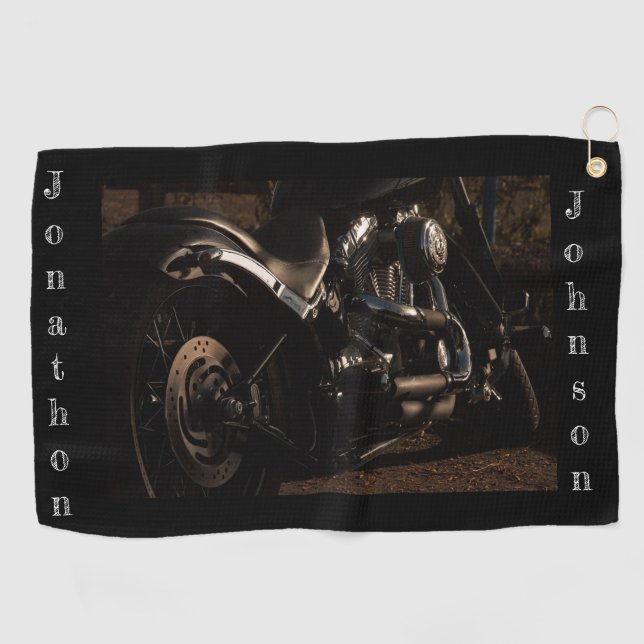 Personalised Motorcycle on Black Golf Towel (Horizontal)