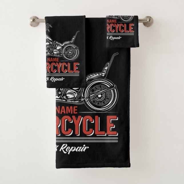 Personalised Motorcycle Service Biker Repair Shop Bath Towel Set (Insitu)