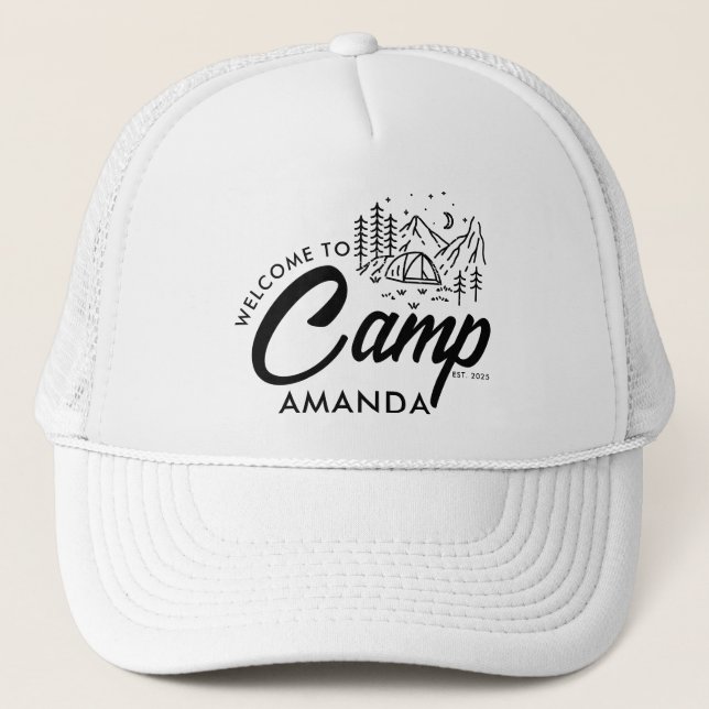 Personalised Mountain Camp Bachelorette Party Trucker Hat (Front)