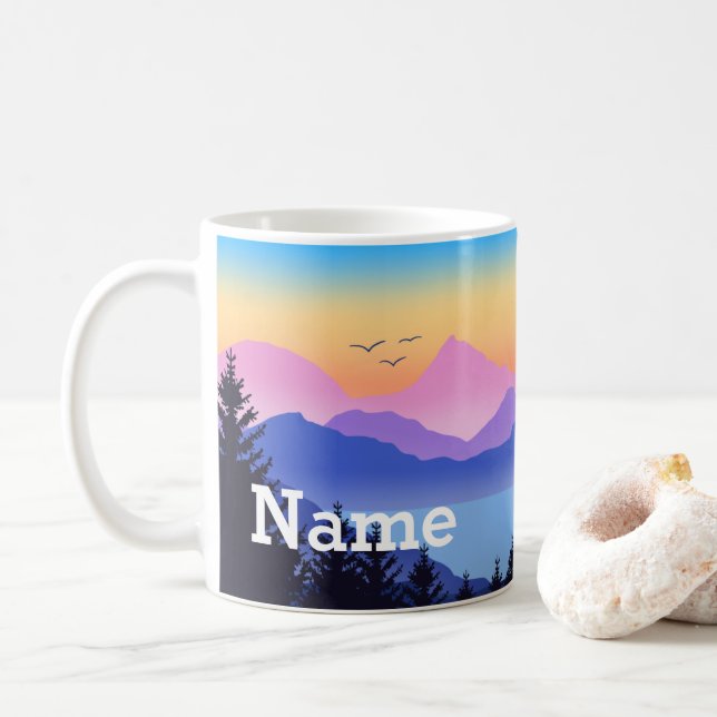 Personalised Mountain Lake Design Coffee Mug Cup (With Donut)