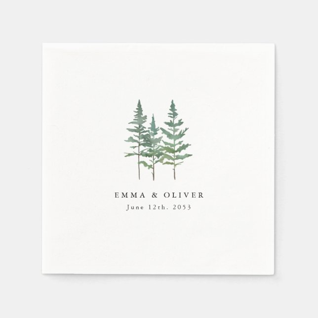 Personalised Mountain Lake Pine Tree Wedding Napkin (Front)