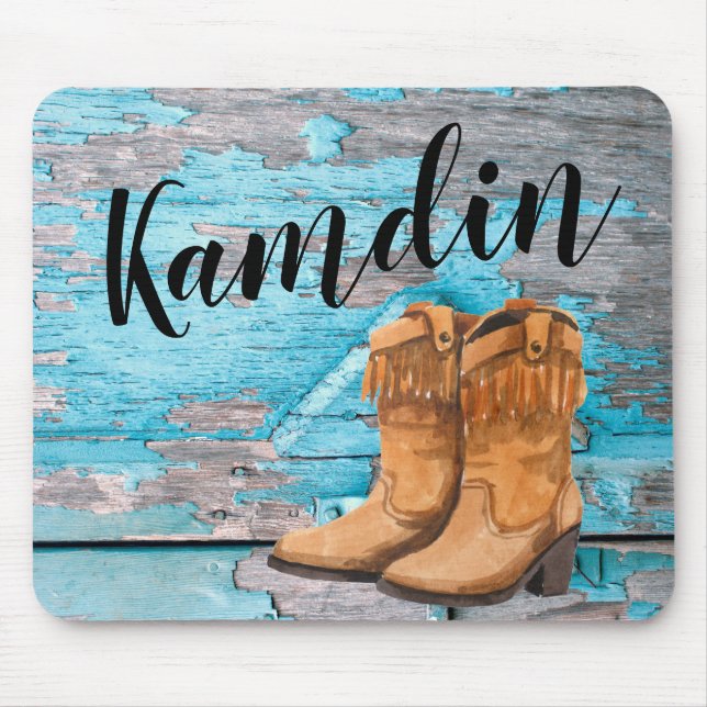 Personalised Mouse Pad Blue Wood Barn Door Boots C (Front)