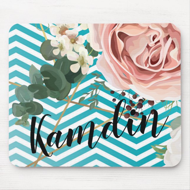 Personalised Mouse Pad Geometric Rose Chevron Teal (Front)
