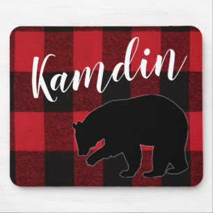 Personalised Mouse Pad Red Buffalo Plaid Bear Blac