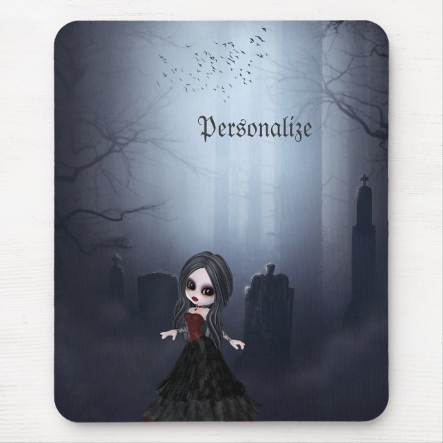 Personalised Mousepad. Cute Goth Girl in Graveyard Mouse Pad (Front)