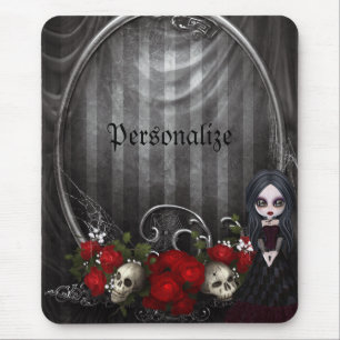 Personalised Mousepad - Goth Girl, Skulls & Roses