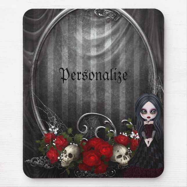 Personalised Mousepad - Goth Girl, Skulls & Roses (Front)