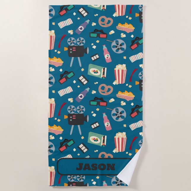 Personalised Movie Night Film Popcorn Pattern Beach Towel (Front)