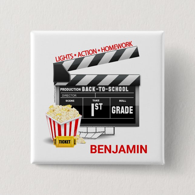 Personalised Movie Theme First 1st Grade 15 Cm Square Badge (Front)