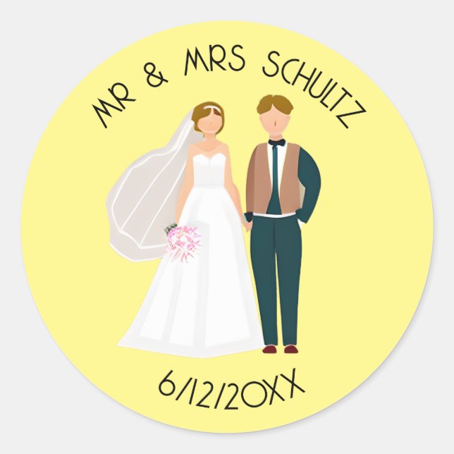 Personalised Mr and Mrs Bride and Groom  Classic Round Sticker (Front)