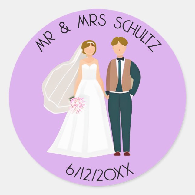 Personalised Mr and Mrs Bride and Groom Classic Round Sticker (Front)