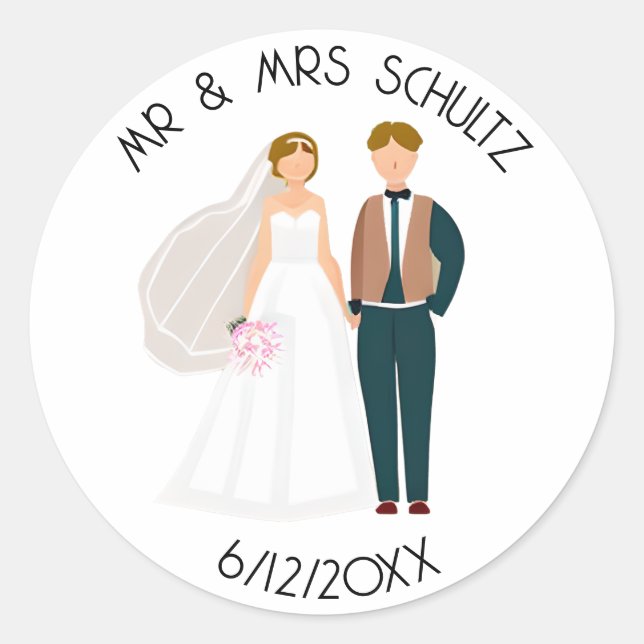 Personalised Mr and Mrs Bride and Groom Classic Round Sticker (Front)