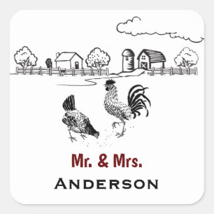 Personalised Mr and Mrs Chicken Farm Wedding Square Sticker