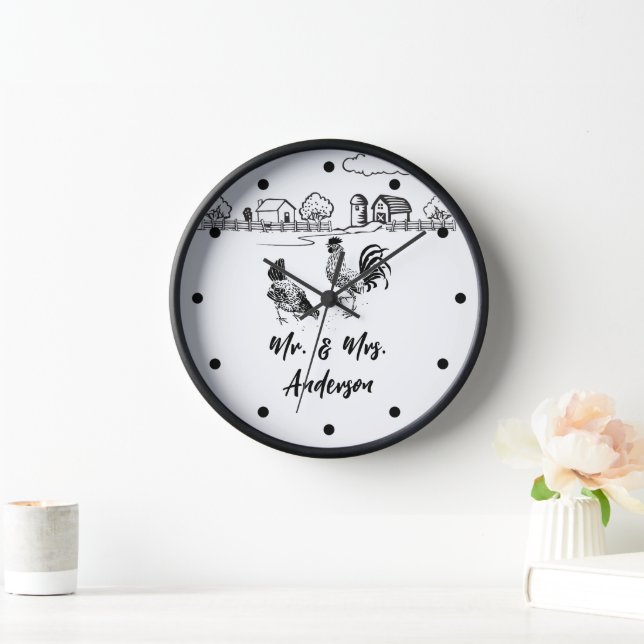 Personalised Mr and Mrs Chickens Rooster Hen Farm Clock (Home)
